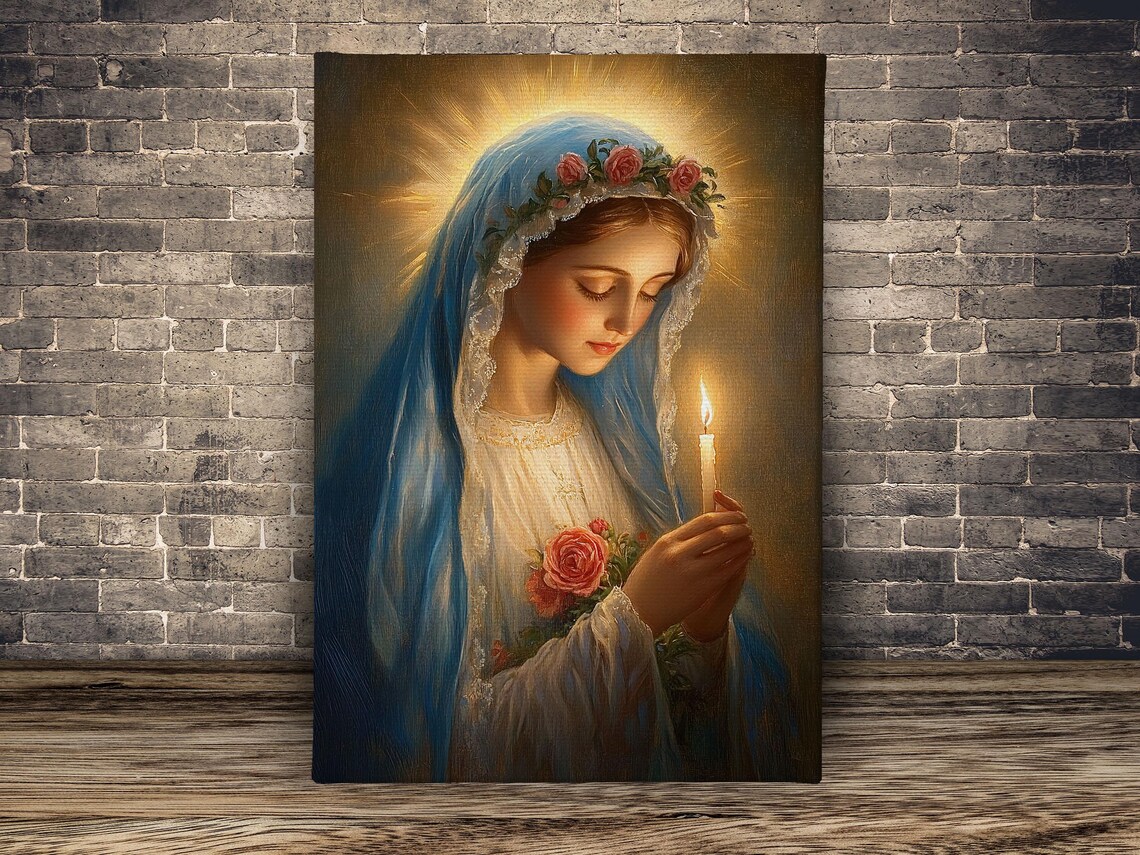 Virgin Mary Holding Candle Blue Veil Rose Crown Radiant Halo Religious Art Poster - Image 2