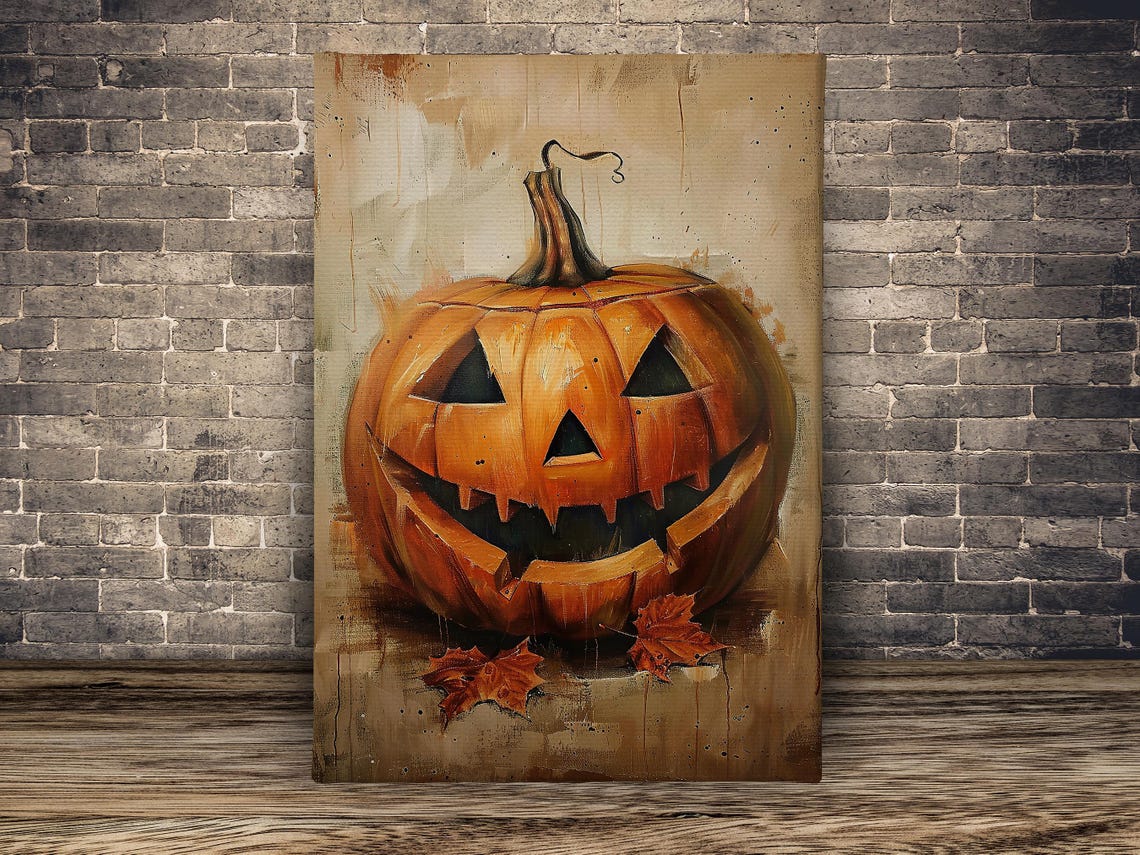 Vintage Grinning Jack O Lantern Pumpkin Painting Autumn Leaves Poster - Image 2