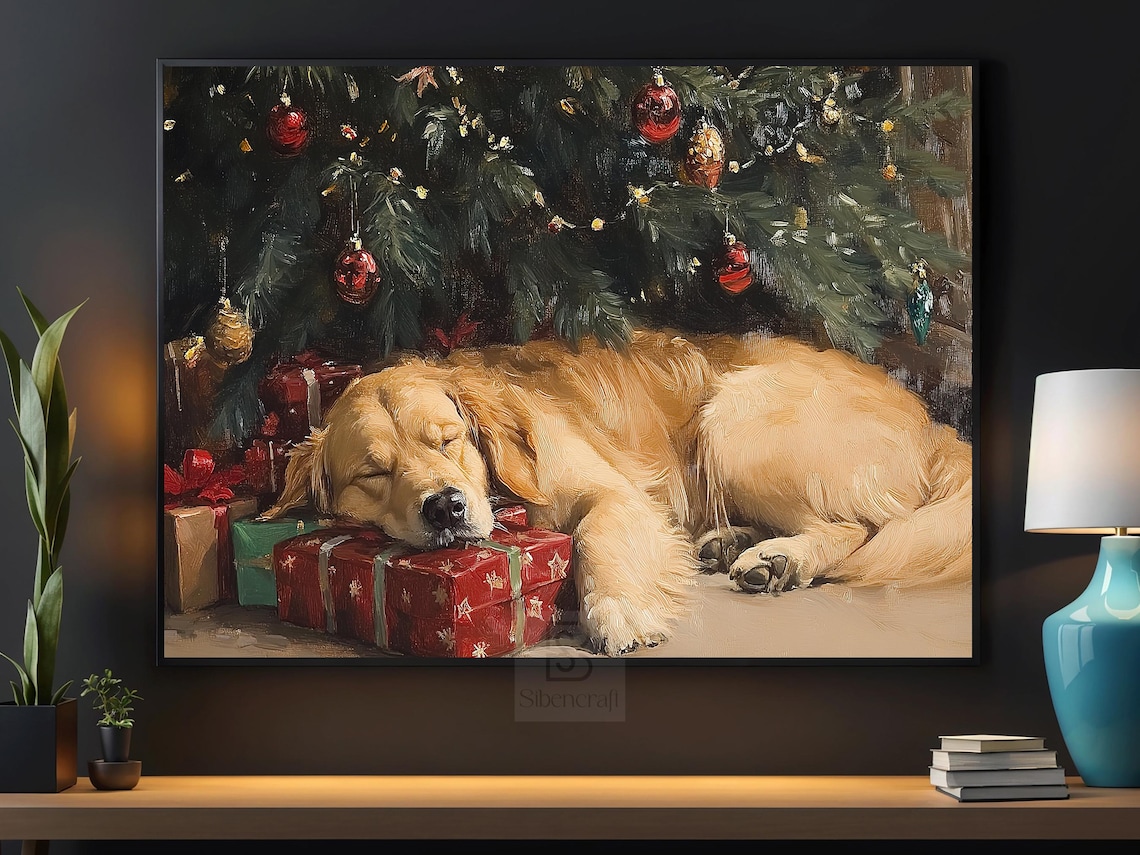 Golden Dog Sleeping Christmas Poster Art Print