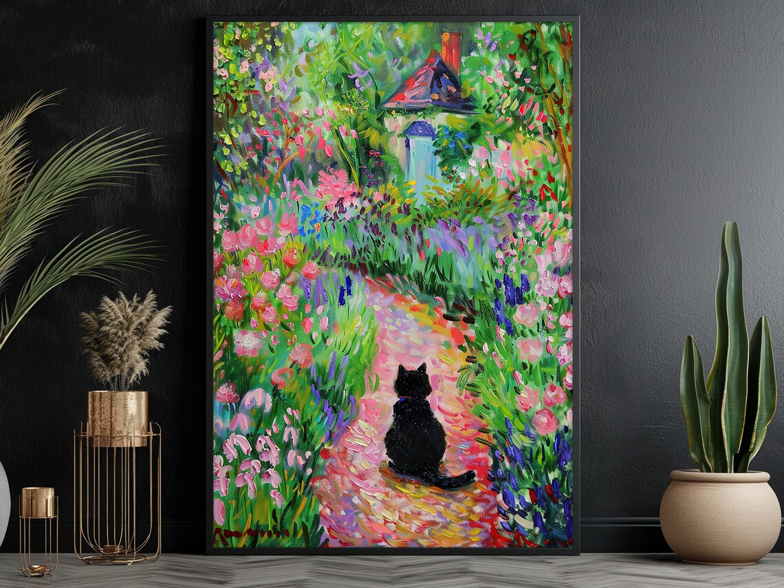 Matisse-Inspired Black Cat in Flowers Garden Art Print - Image 3