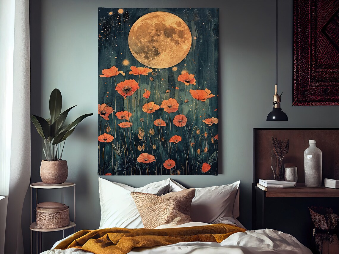 Harvest Moon Over Orange Poppies Dreamy Night Sky Botanical Poster - Image 2
