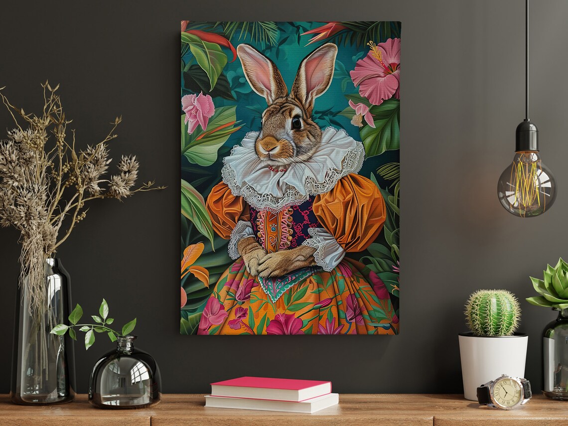 Rabbit In Orange Renaissance Gown Lace Ruff Tropical Whimsical Art Poster - Image 4