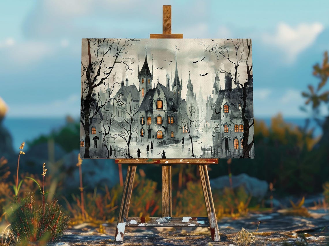 Spooky Haunted Old Town Street Watercolor with Glowing Windows Poster - Image 2