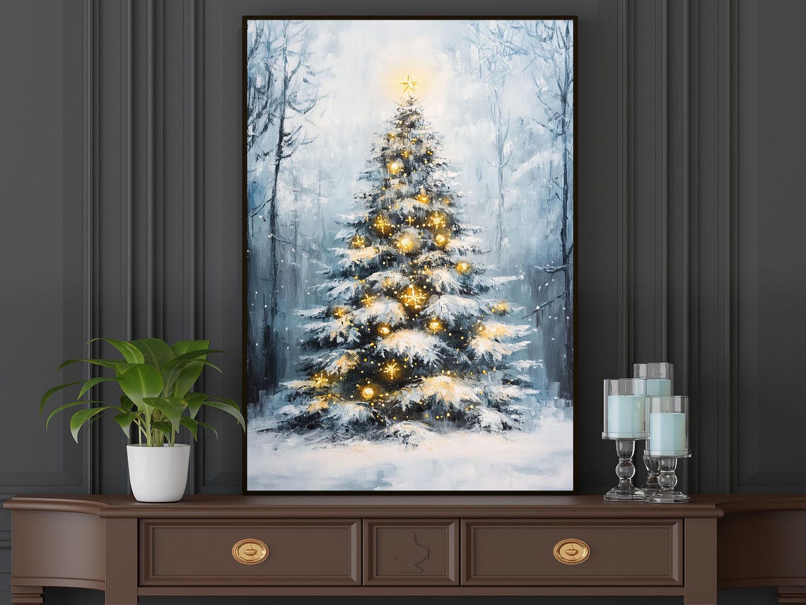 Snowy Christmas Tree With Golden Lights In Winter Forest Night Poster - Image 5