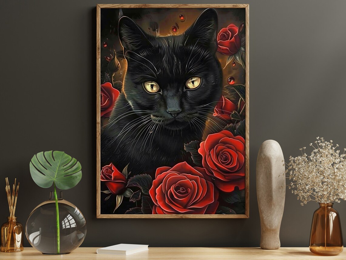 Black Cat Red Roses Gothic Floral Portrait Dramatic Animal Art Wall Poster - Image 4