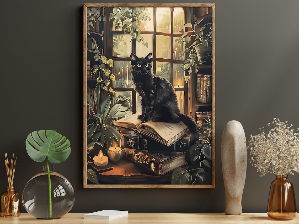 Vintage Black Cat and Books, Cottage Cat Art Print - Image 5