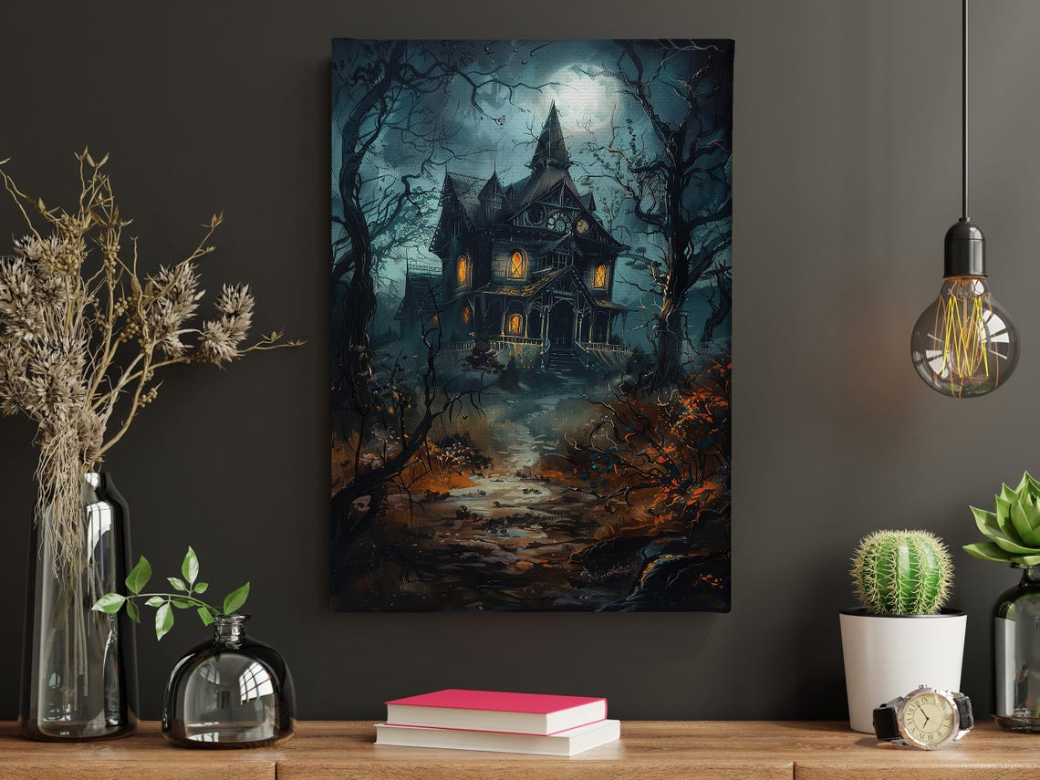 Haunted Victorian House At Night Moonlit Spooky Halloween Art Poster - Image 4