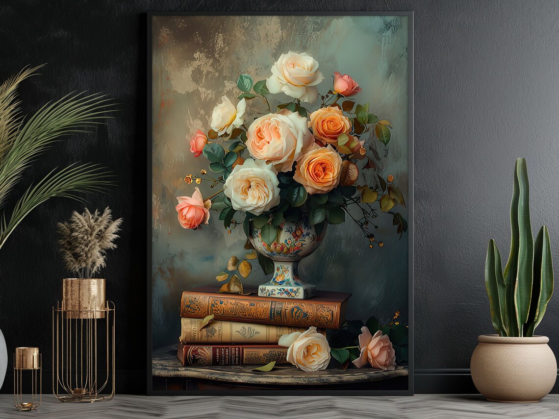 Cream Roses Porcelain Urn Vintage Books Moody Floral Still Life Poster