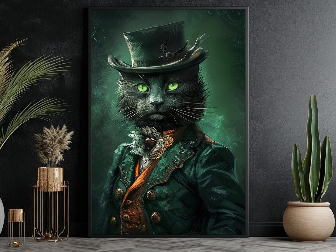 Gothic Gentleman Black Cat Portrait In Top Hat Vintage Style Print - Image 6