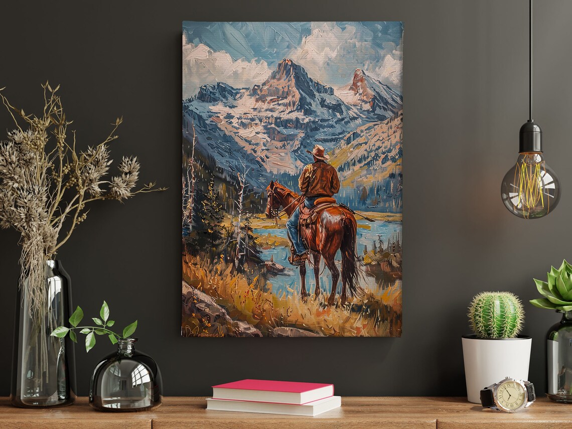 Cowboy On Horseback Snowy Mountain Lake Western Landscape Poster - Image 4