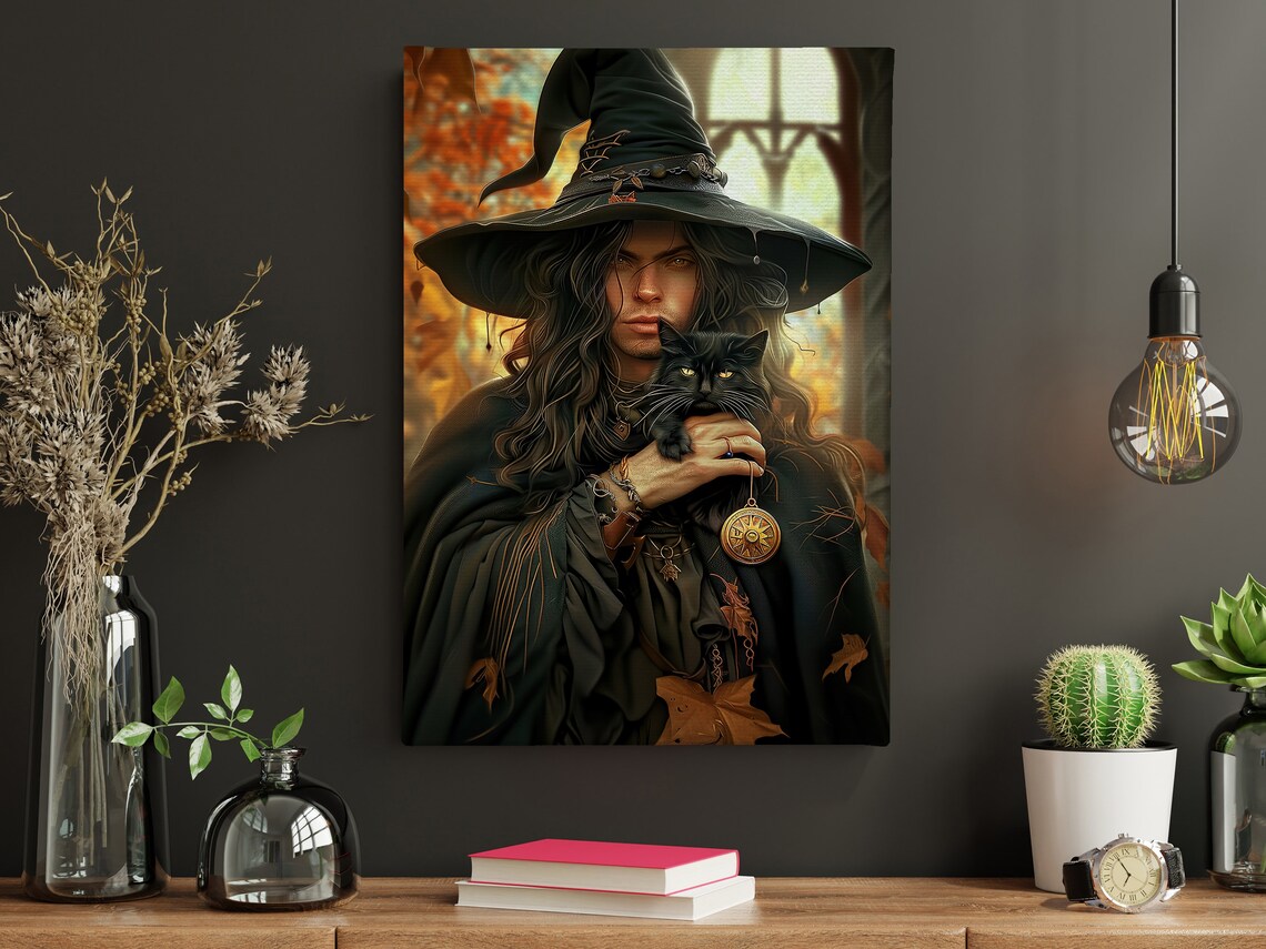 Dark Witch Black Cat Autumn Leaves Gothic Portrait Witchy Halloween Art Print - Image 3