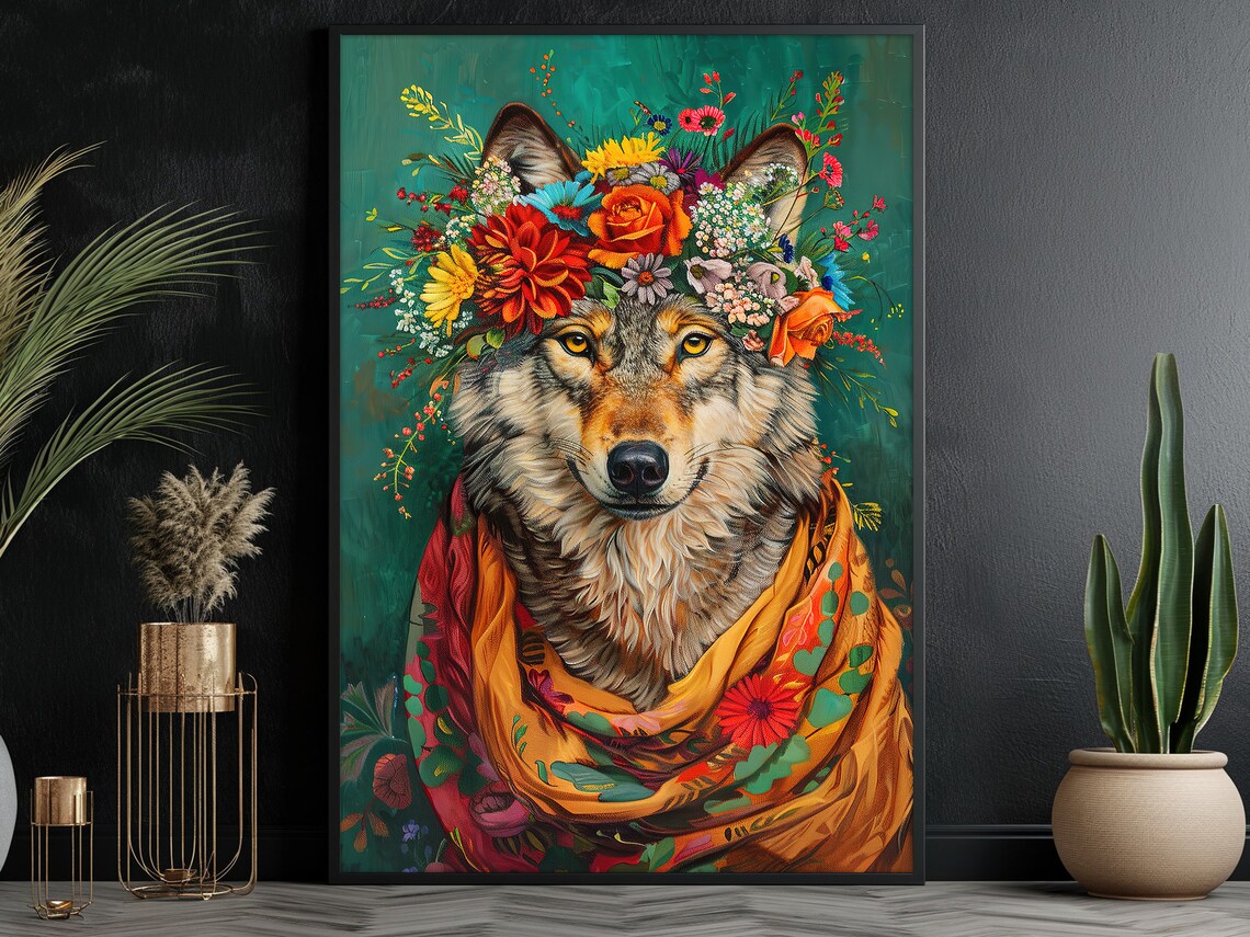 Wolf With Flower Crown Maximalist Floral Scarf Wildlife Portrait Poster - Image 3