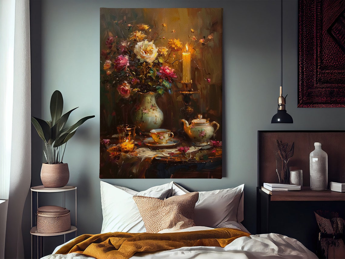 Vintage Flowers Vase And Teapot Oil Painting Flowers Vase Print Cottage Flowers Flowers Poster Flowers Wall Art - Image 2