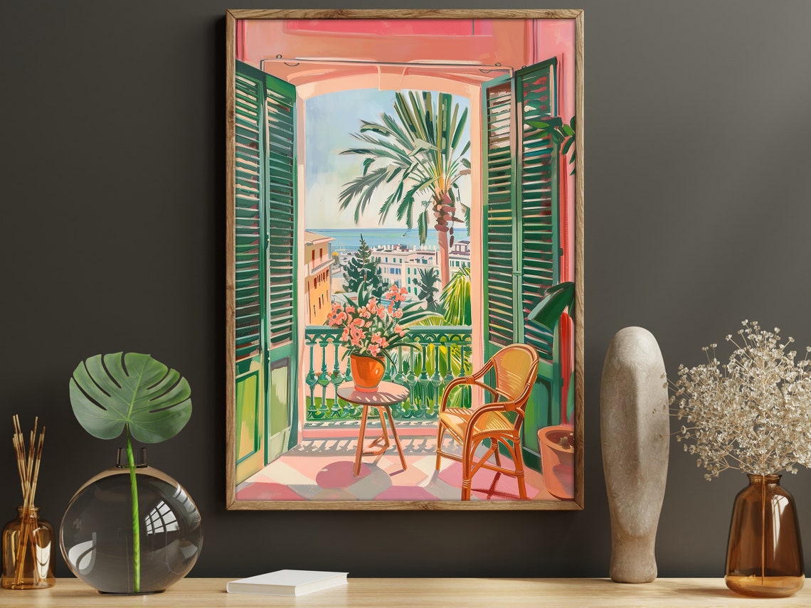 Matisse Style Palm Tree Balcony Sea View Green Shutters Wall Poster