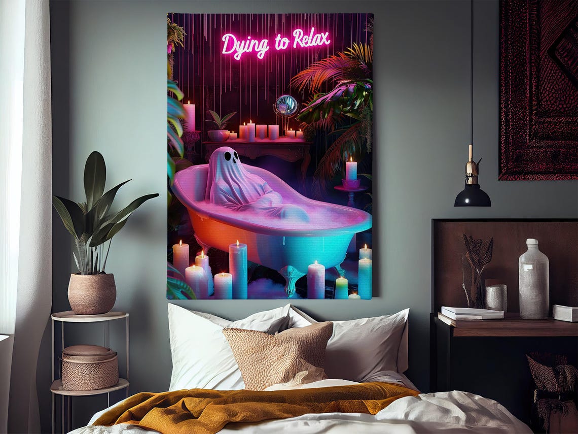 Dying to Relax Neon Ghost in Bathtub Funny Halloween Bathroom Poster - Image 3
