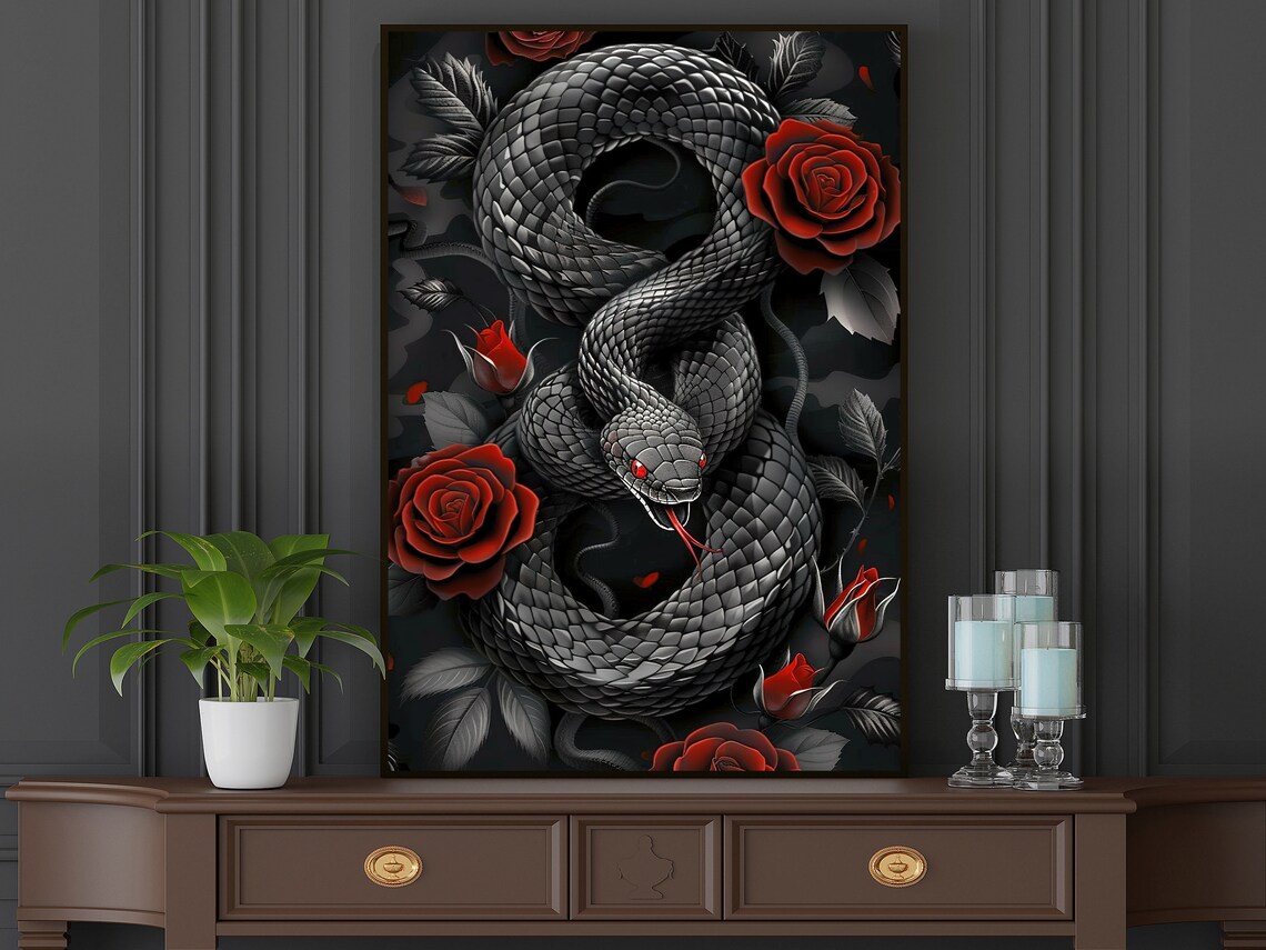 Snake and Roses Surreal Animal Wall Art Print - Image 5