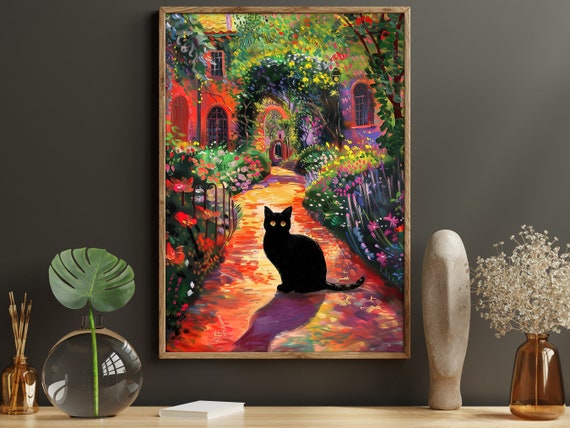 Matisse Black Cat in Flowers Garden, Vintage Art Print