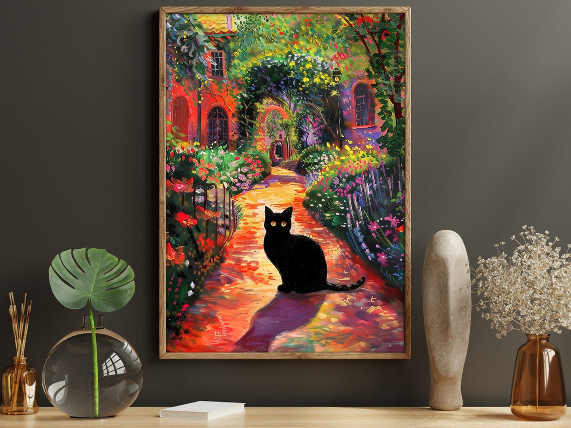 Black Cat In Flower Garden Impressionist Garden Path Wall Art Print - Image 2