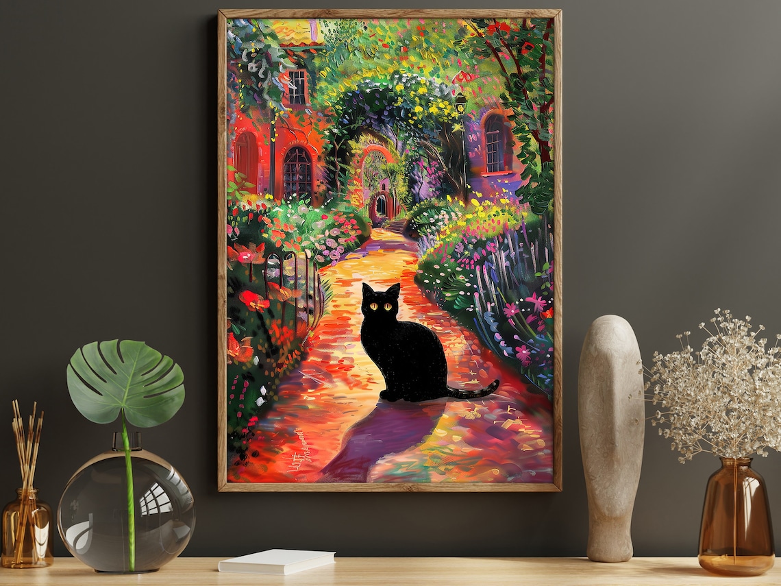 Matisse Black Cat in Flowers Garden, Vintage Art Print