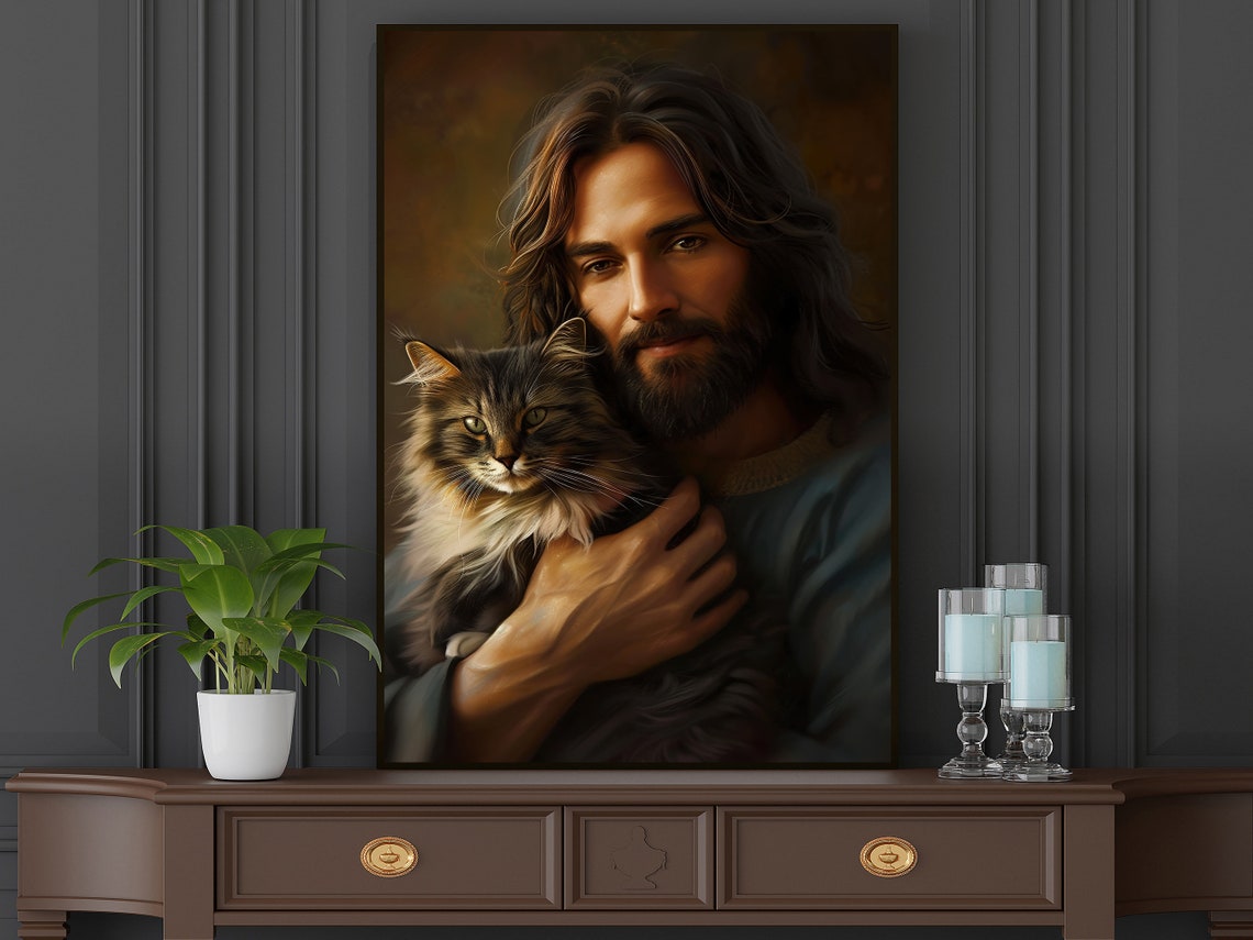 Jesus Holding A Fluffy Tabby Cat Warm Devotional Faith Art Poster - Image 2