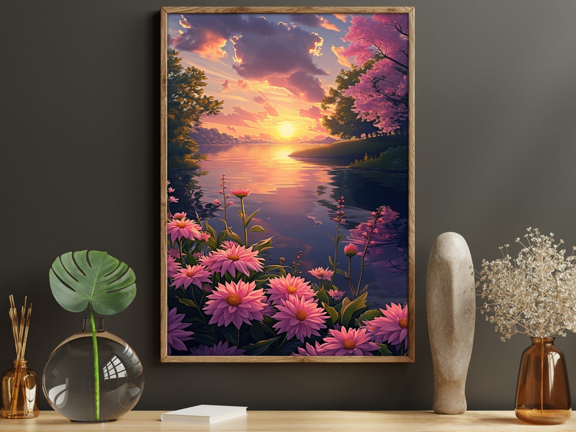 Pink Daisies At Sunset Lake Purple Sky Serene Landscape Wall Poster - Image 2