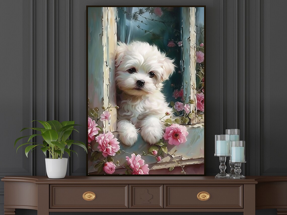 Cute Dog On The Window Oil Painting, Floral Print - Image 2