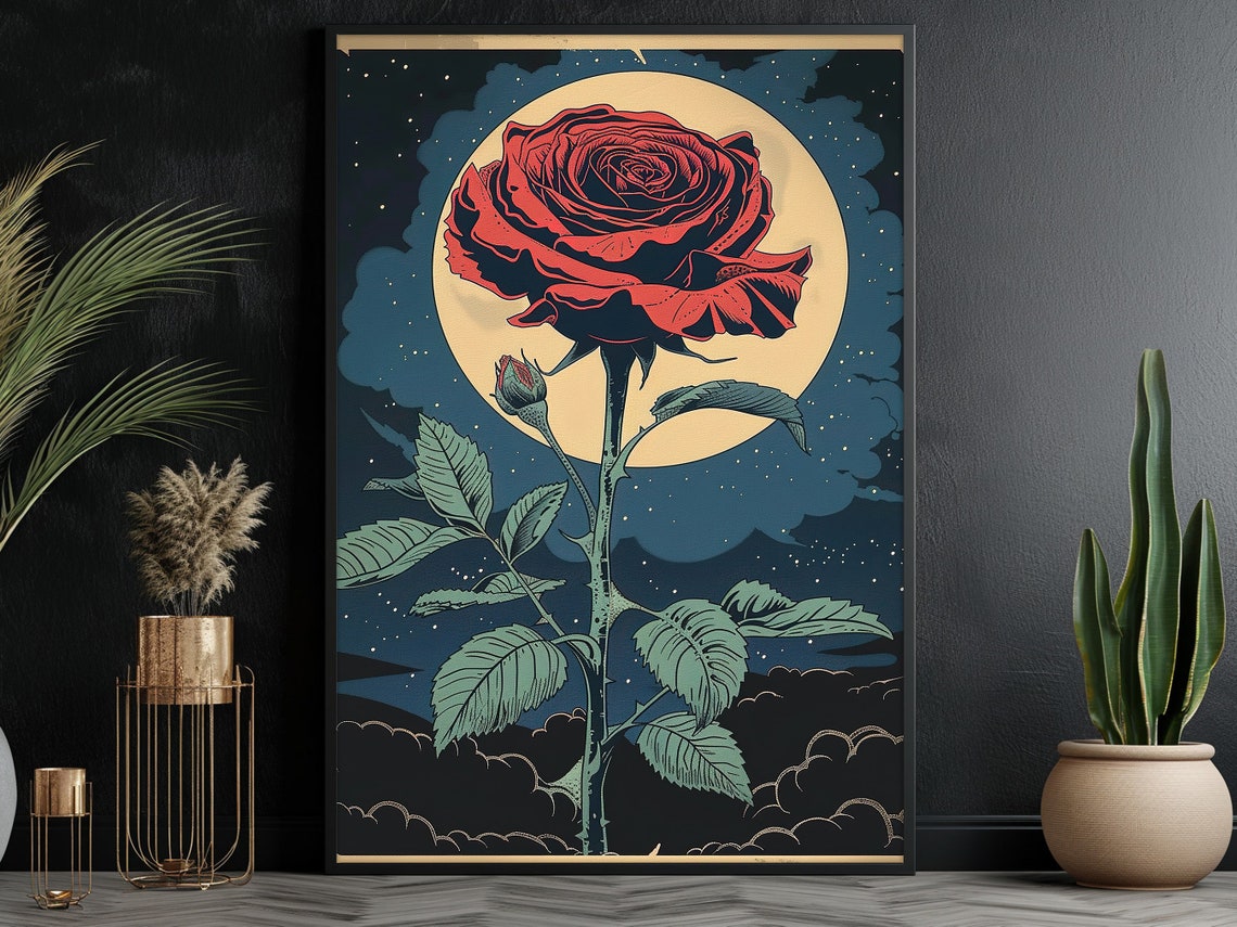 Red Rose Against Full Moon Starry Night Vintage Botanical Art Poster - Image 3