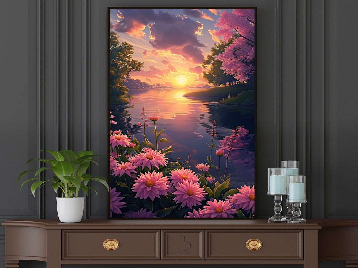 Pink Daisies At Sunset Lake Purple Sky Serene Landscape Wall Poster - Image 3