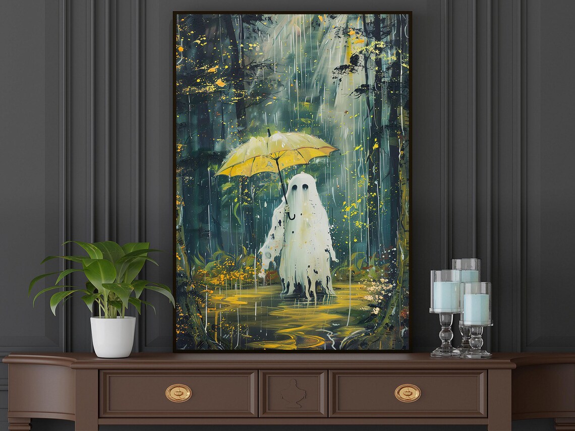 Whimsical Ghost Holding Yellow Umbrella in Rainy Forest Painting Poster - Image 3