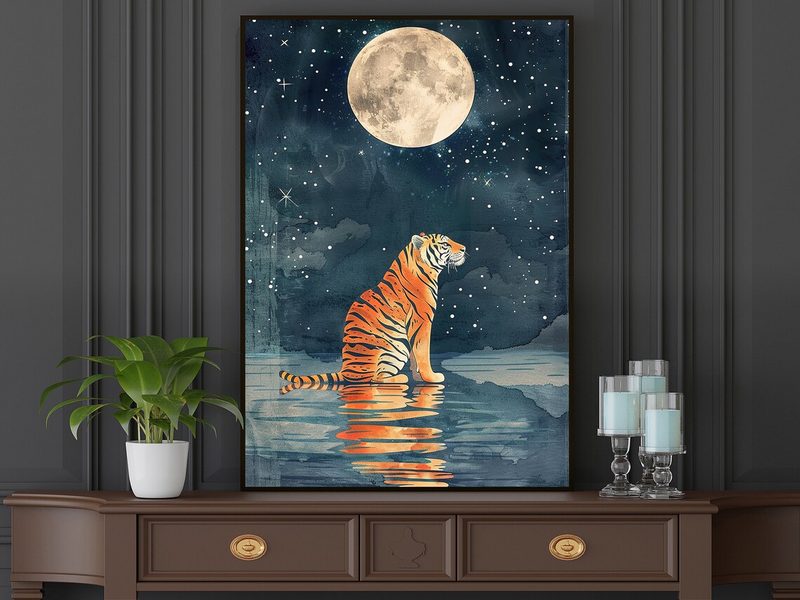 Vintage Tiger Under The Moon, Animal Art Print - Image 4