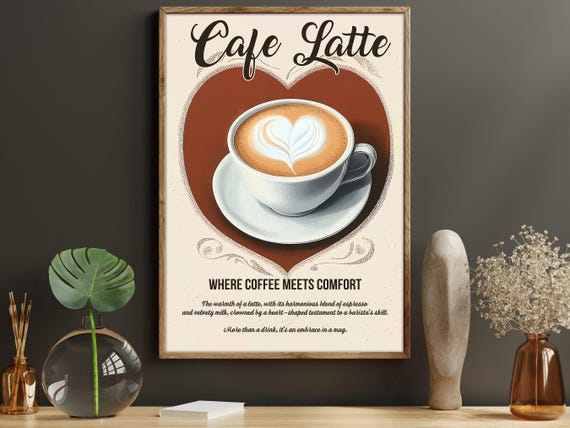 Vintage Cafe Latte Poster Print, Coffee Decor
