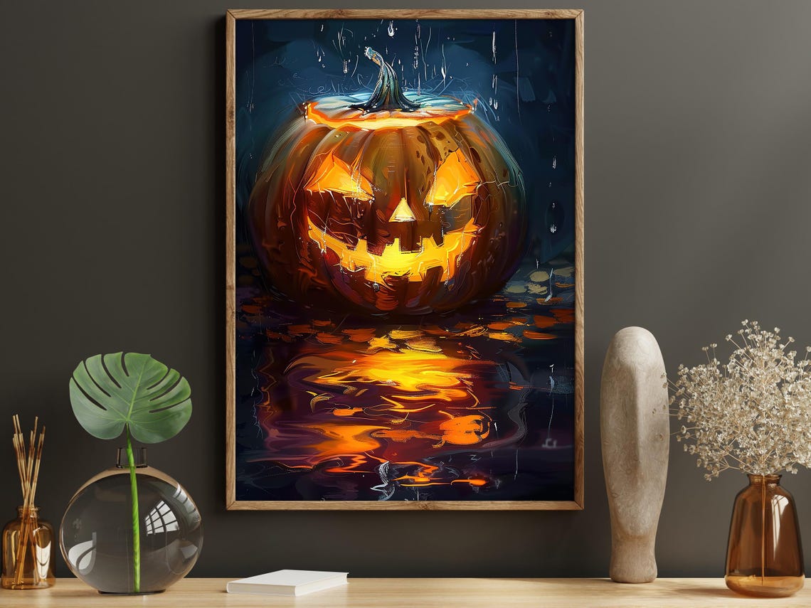 Glowing Jack O Lantern In Rain Spooky Halloween Pumpkin Art Poster - Image 5