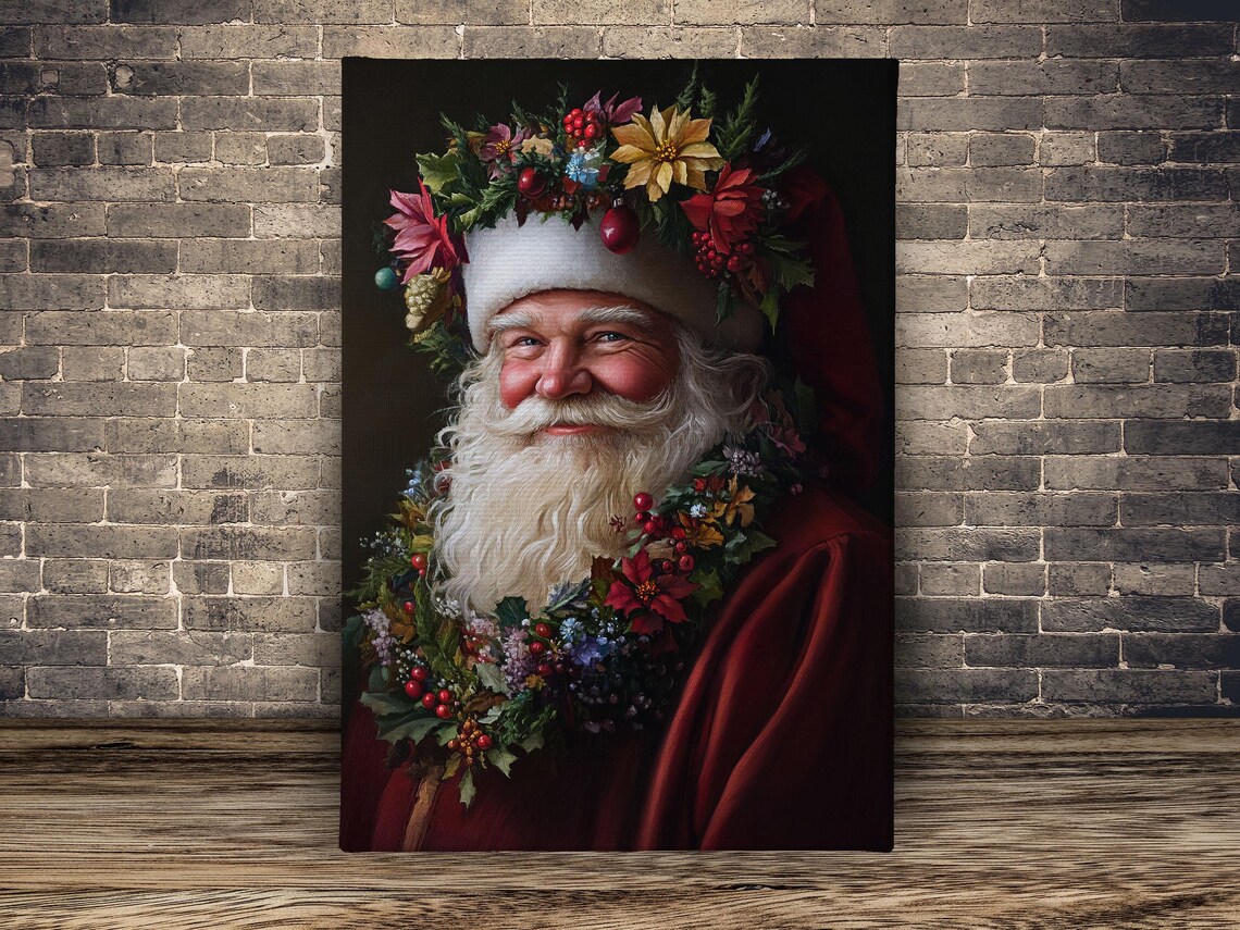 Vintage Santa Claus Wearing Christmas Wreath Crown Of Flowers Poster - Image 2
