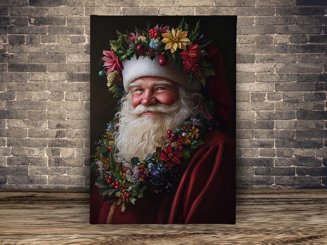 Vintage Santa Wearing Christmas Wreath Painting Christian Cottage Santa Claus Poster Print Christmas Wall Art Christmas Decor - Image 2