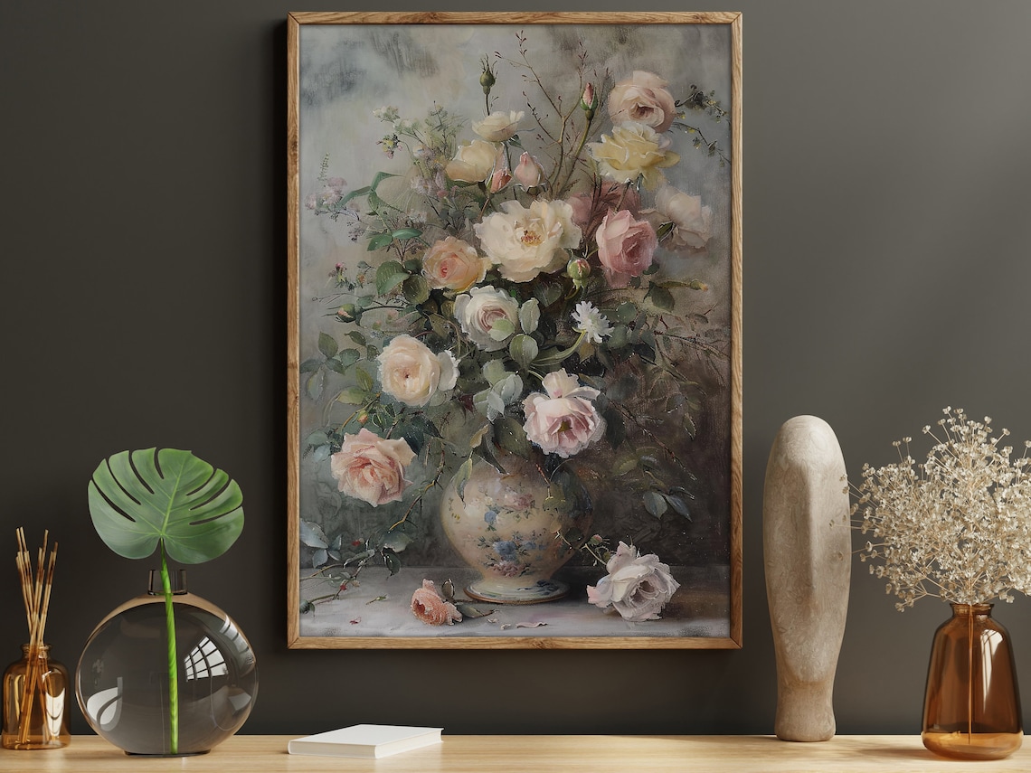 Pale Pink Roses Bouquet Vintage Porcelain Vase Soft Floral Art Poster