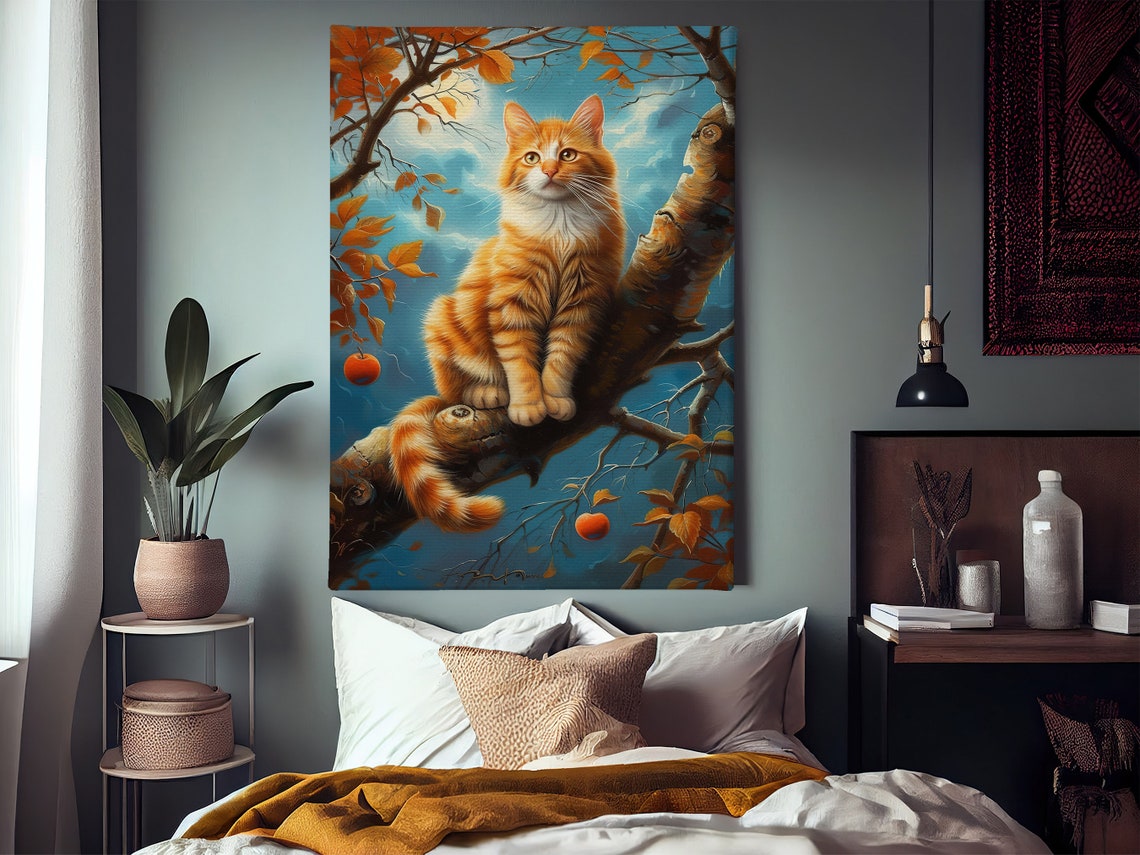 Orange Tabby Cat In Persimmon Tree Branch Autumn Sky Pet Art Poster - Image 2