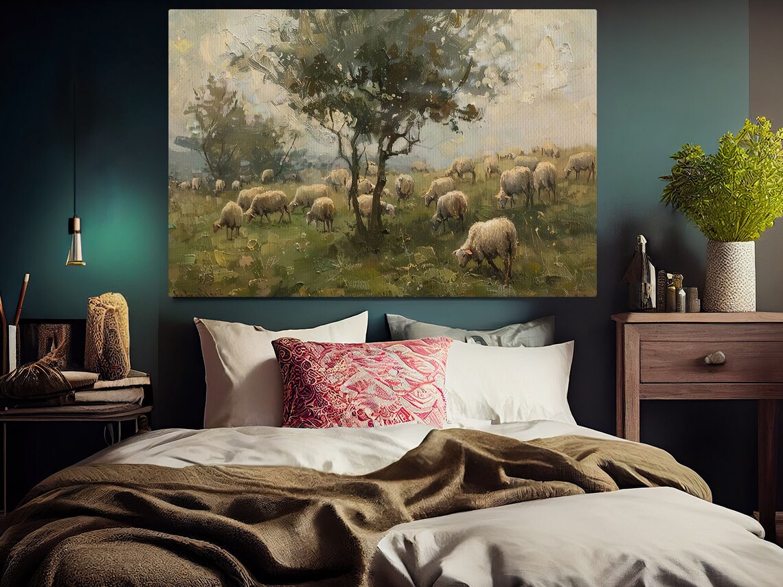 Vintage Sheep in the Field Oil Painting Art Print - Image 5