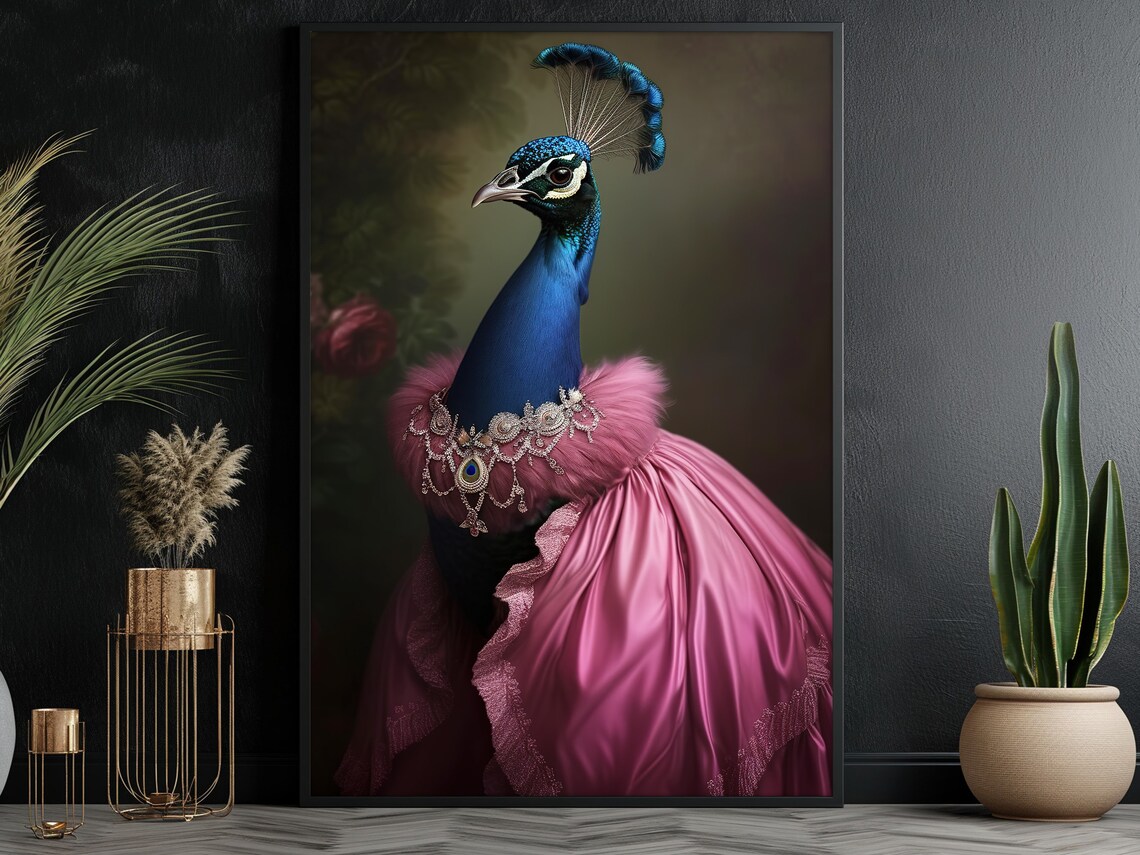 Peacock Lady In Pink Satin Gown With Jewelry Elegant Bird Art Poster - Image 5