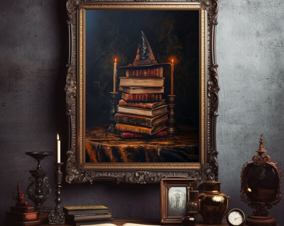 Witch Hat On Stack Of Spell Books Candlelit Halloween Art Poster