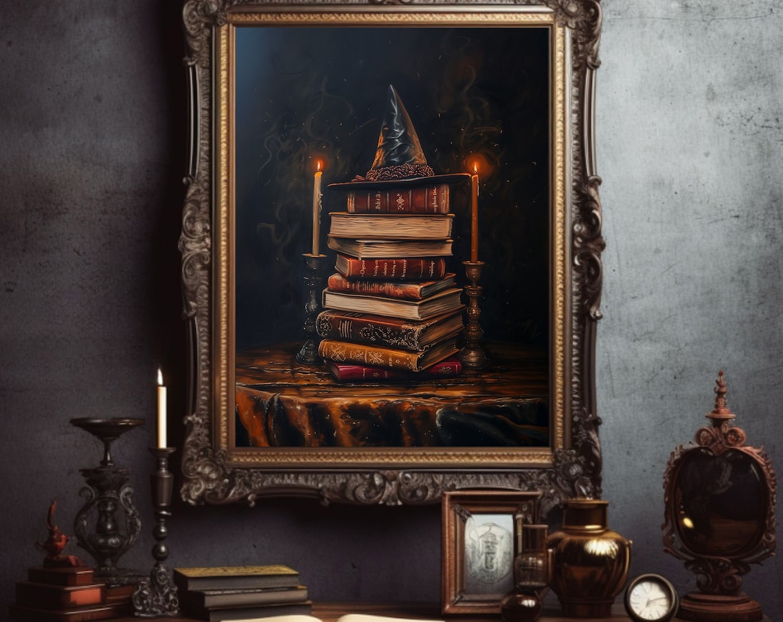 Witch Hat On Stack Of Spell Books Candlelit Halloween Art Poster