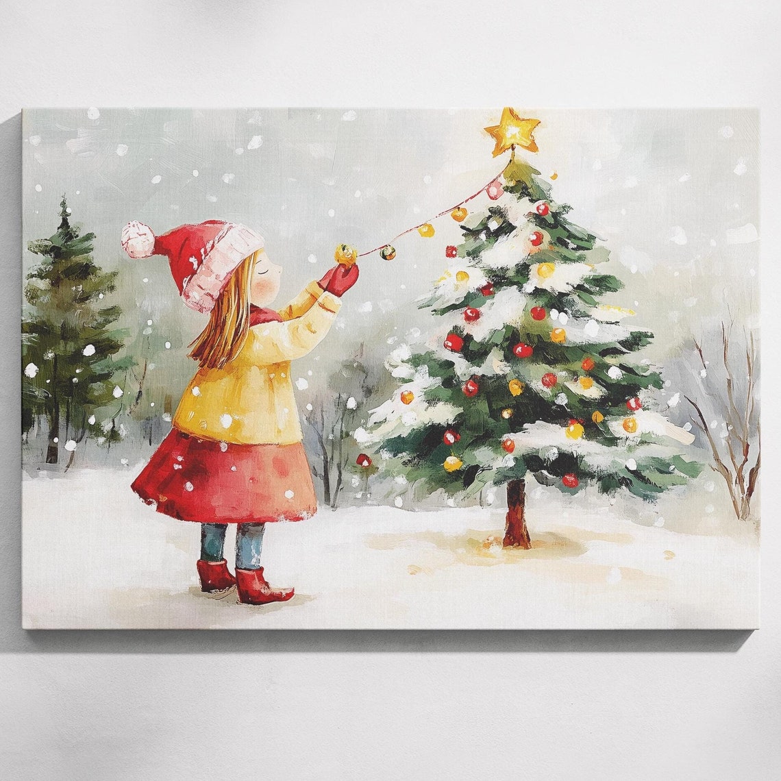 Christmas Tree Star Lights Up By Girl In Santa Hat Outdoor Holiday Art Christmas Village Print Girly Holiday Decor Christmas Snow Art