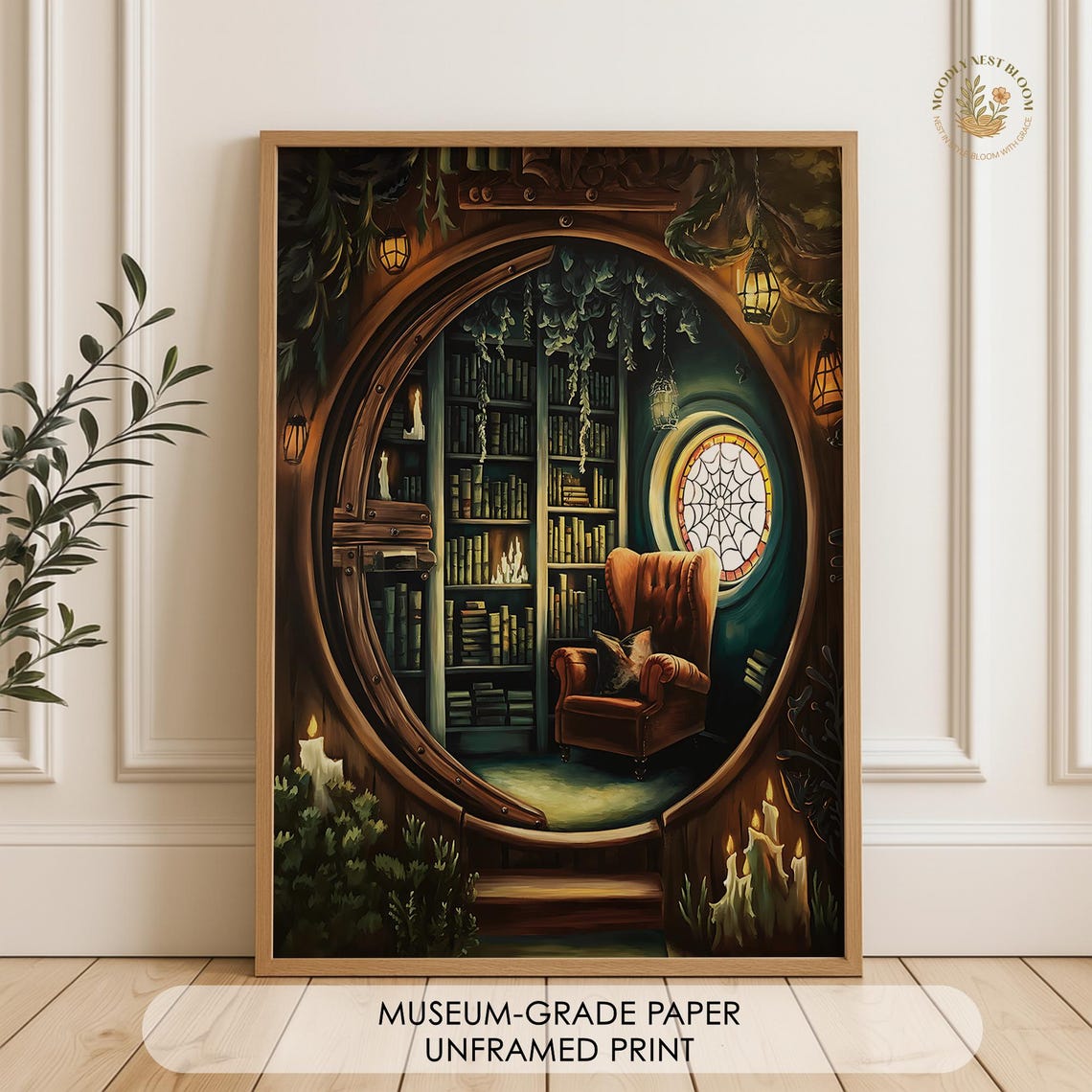 Fantasy Library Book Nook Cozy Candlelit Round Doorway Print