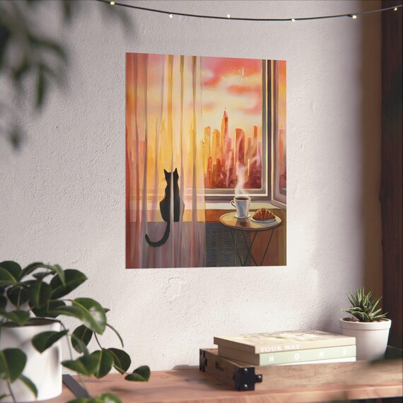 Black Cat Sunrise Window City Skyline Coffee Croissant Art Poster