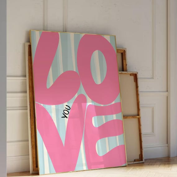 Love You Cute Quote Print Wall Art Uplifting Light Blue Stripes Trendy Pink Costal Vibe Girly Bedroom