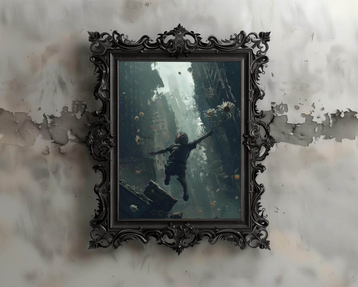 Child Reaching With Daisies In Ruins Gothic Surreal Dark Academia Print