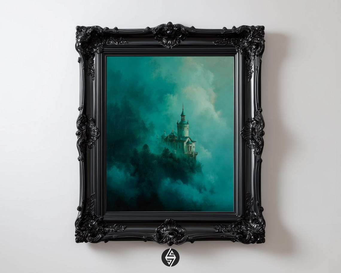 Misty Cliffside Castle Teal Fog Gothic Dark Academia Landscape Poster
