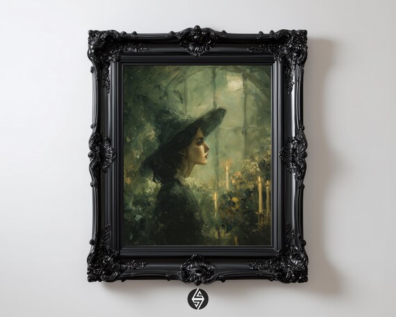 Dark Academia Witch By Moonlit Window Moody Gothic Botanical Wall Art Vintage Oil Texture 74