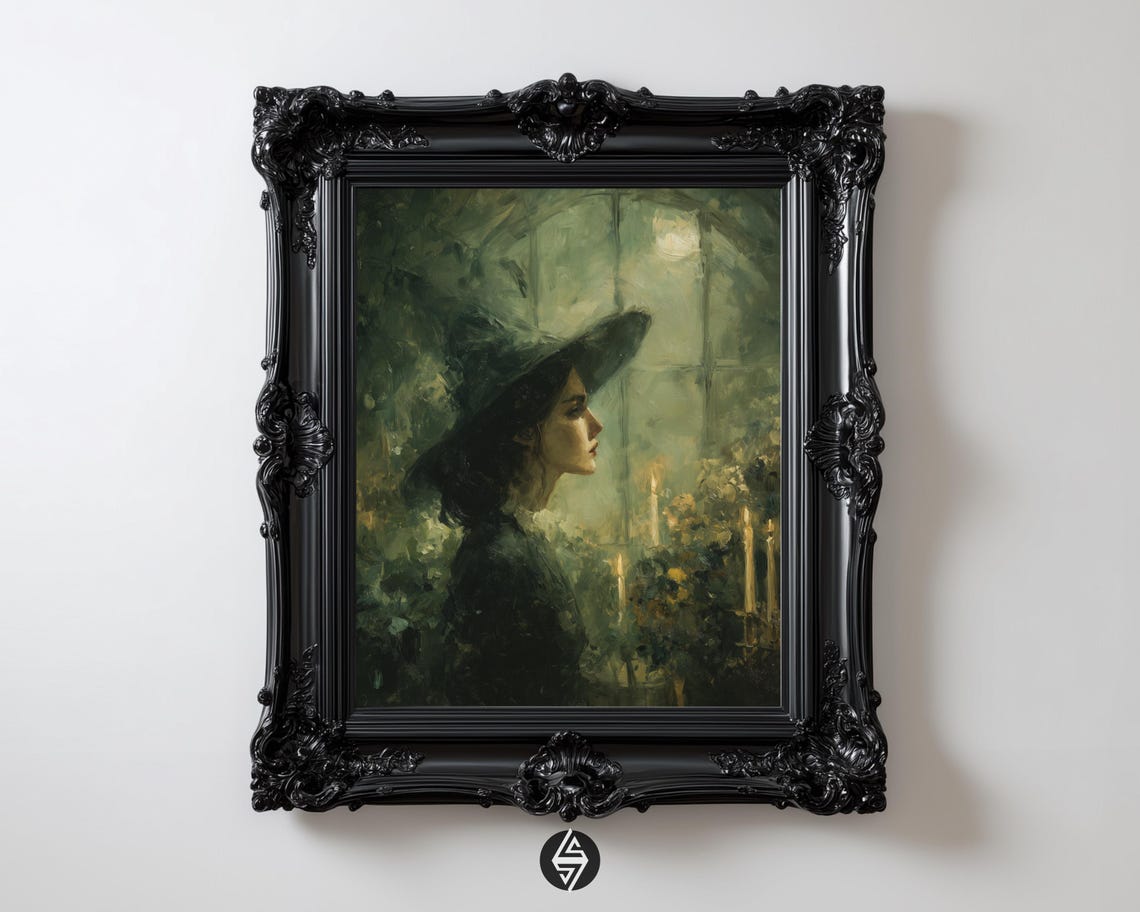 Witch By Moonlit Window Moody Green Gothic Oil Painting Poster