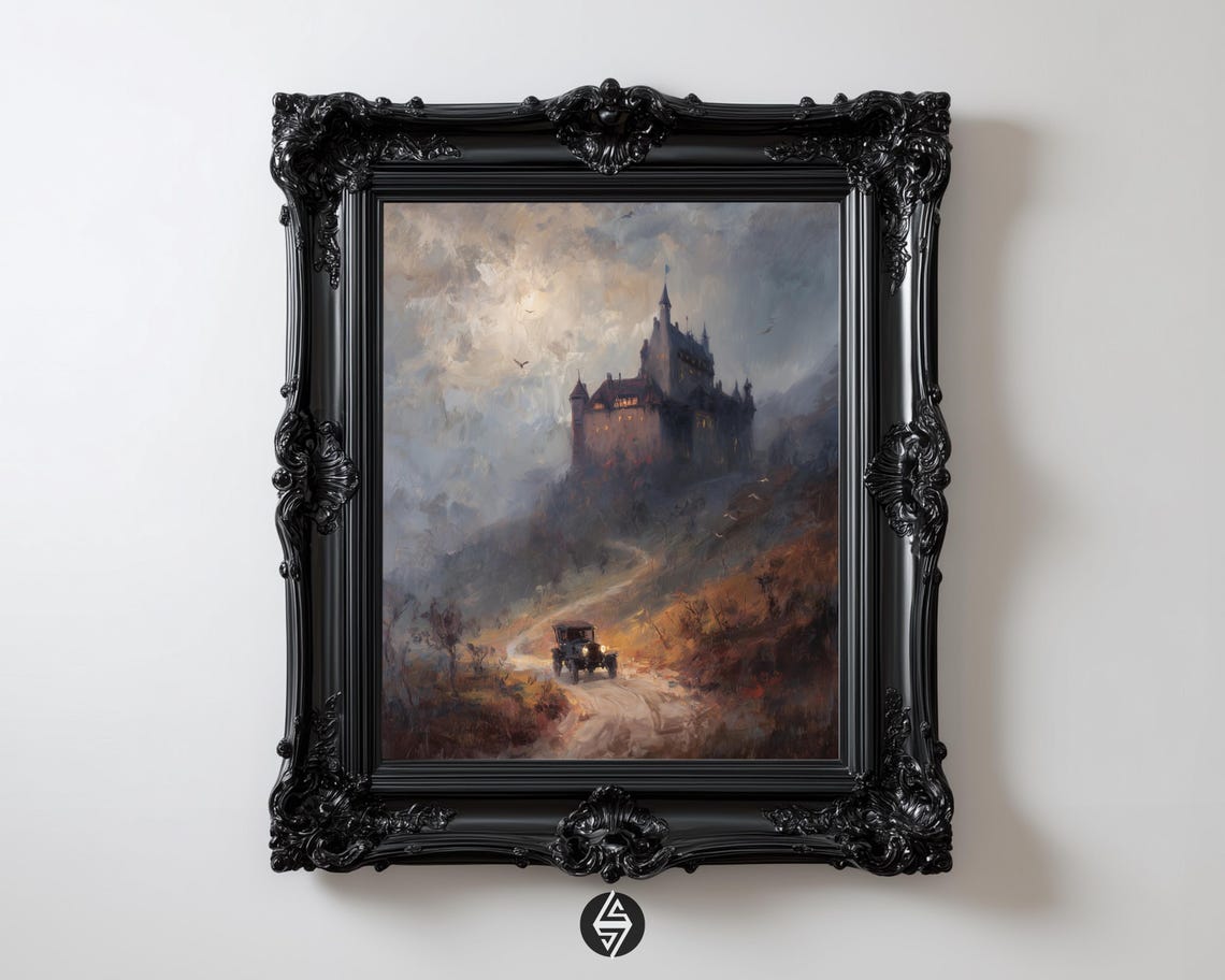 Vintage Car To Dracula Castle Print Dark Academia Art Moody Landscape Edwardian Wall Decor