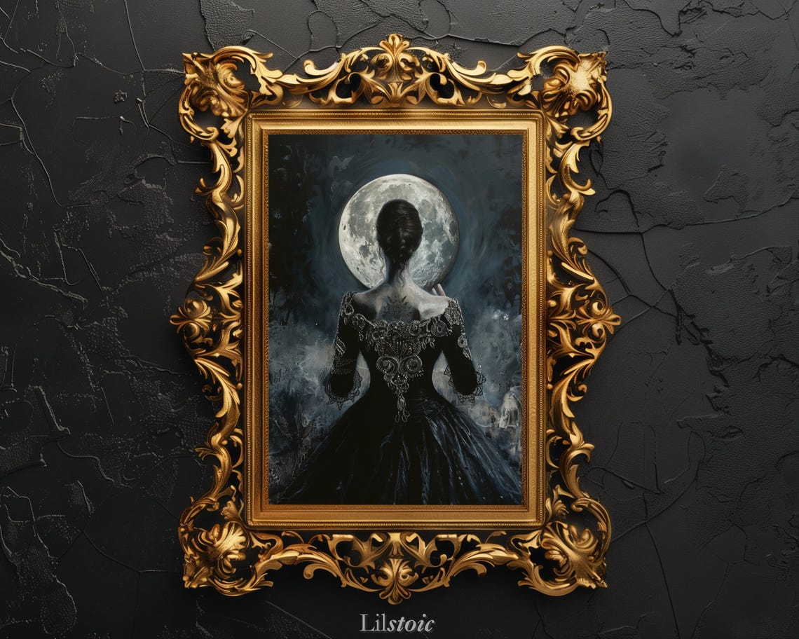 Moonlit Enchantress Gothic Lady With The Full Moon Wall Art Dark Academia